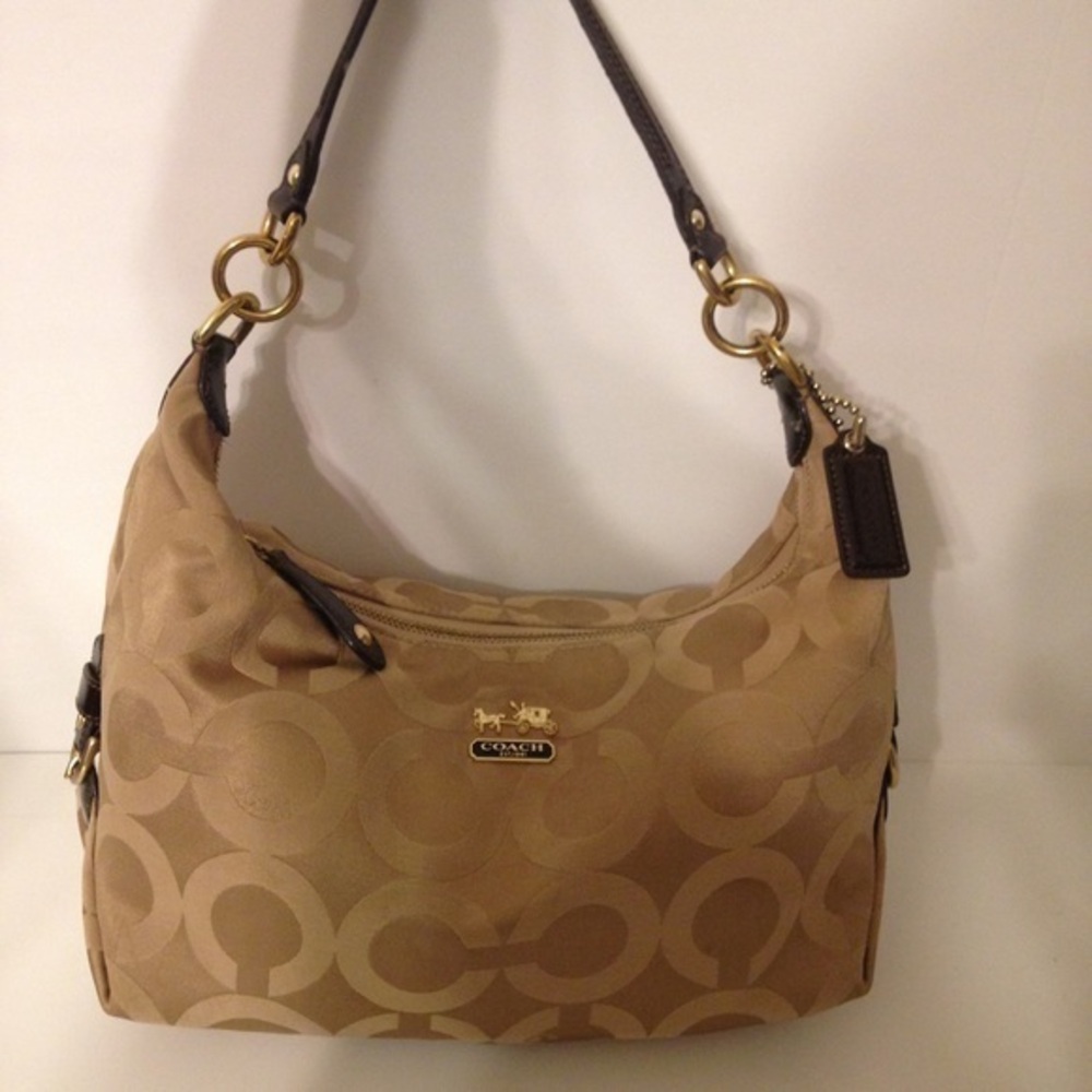 Coach gold c brown leather trim hobo shoulder  bag